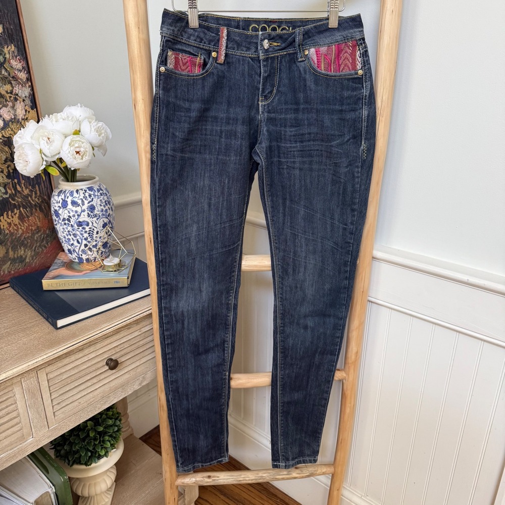 Coogi Womens Skinny Jeans Dark Wash Knit Pocket Accents Size 3/4 Hip Hop Retro